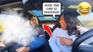 PUTTING BABY POWDER IN MY CAR AIR VENT \u0026 BLOWING IT ALL OVER HUSBAND PRANK!