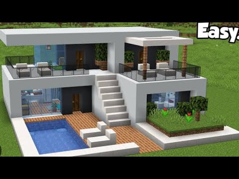 How To Build Minecraft Modern House With Swimming Pool Tutorial Youtube