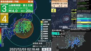 【緊急地震速報(予報)】山梨県東部・富士五湖 最大震度4 M4.1 深さ21km 2021.12/03 02:17:58.6発生 (速報値:深さ20km 02:18発生)