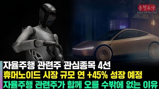 자율주행 관련주 관심종목 4선 , 로봇 관련주와 함께 동반 상승이 나올 수 밖에 없는 테마 , 자율주행 시장은 차량용 자율주행 시장에서 로봇용 자율주행까지 확장됩니다.