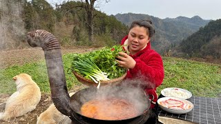 今天摘了一大堆新鲜蔬菜，做个美味的酸辣火锅 Make a sour and spicy vegetable hotpot today