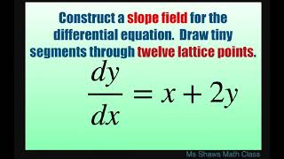 Construct slope field for differential equation dy/dx=x+2y. Draw segments thru 12 lattice points