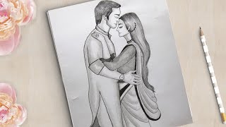 How to Draw Traditional Romantic Couple In Puja || Couple Drawing Easy