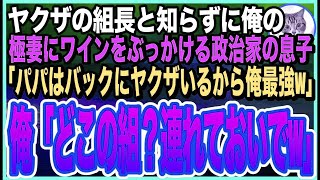 【感動する話】俺をヤクザの組長と知らずに美人極妻に頭からワインをかけた政治家の息子「俺のパパは政治家だから無敵w」俺「どこの党？今すぐ電話しなw」「え？」➡︎俺の正体を知ると