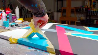 GEOMETRIC ABSTRACT PAINTING Demo With Acrylic Paint and Masking tape | Momento
