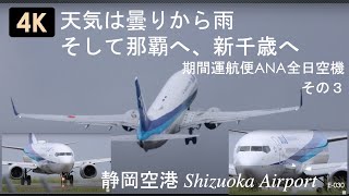 E-030 【4K】期間運航便ANA全日空機 (その３）天気が曇りから雨へ。運航状況や空港での動きをわかりやすく。静岡空港を中継として那覇へ、そして、新千歳へと向かいます。