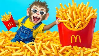 BiBi Monkey perform French Fries Potatoes, Fast Food cooking skill to mukbang | Baby Monkey Daily