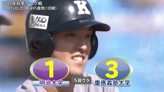 【ハイライト】明治ＶＳ慶應（１回戦 １０月１５日）東京六大学野球／2022年秋季リーグ戦