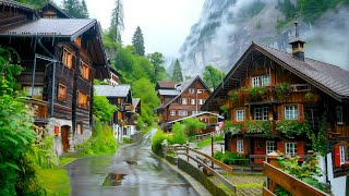 Relaxing walk on a rainy day in Mürren Switzerland 🇨🇭 Swiss village 4K