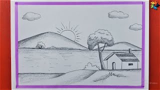 mountain river house tree scenery drawing