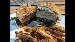 BBQ Mushroom Cheese Pork Burger with Fries