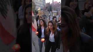 Najat Saliba and Daizy Gedeon outside Lebanon's parliament.