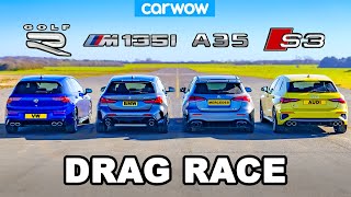 VW Golf R v BMW M135i v Audi S3 v AMG A35: DRAG RACE