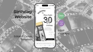 Retro Film Strip Birthday Invitation Canva, Black & White Animated, RSVP, 30th 40th 50th 60th Party
