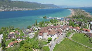 Drone approach to Erlach Castle through the old town overlooking Lake Biel - DJI Mini 3 Pro