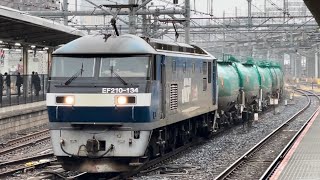 【ジョイント音最高！】JR貨物EF210形100番台134号機（旧塗装）＋タキ18B（両）が大宮駅10番線を通過するシーン（3093レ・新A255・石油輸送）2024.2.5