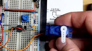 Trimpot sets servo position by using 555 timer astable mode PWM output by electronzap