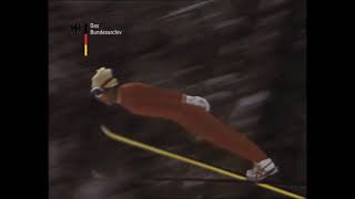 Walter Steiner 179m (fall).   Ski flying world championships in Oberstdorf 1973.