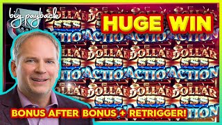 $1000 HUGE WIN in 6 Minutes! INCREDIBLE RETRIGGER on Dollar Action Slots!