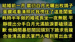 結婚前一月 裴衍白月光曬出枚鴿子蛋鑽戒看清照片我愣住了這是閨蜜耗時半年做的婚戒長坐一夜無眠 平靜提出分手白月光滿臉淚要磕頭道歉 他瞬間暴怒鬧回頭別下跪求我複合後清高裴氏掌門人喝到胃出血求見