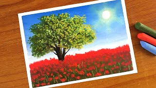 Oil Pastel Flower Field Landscape Painting for beginners | Oil Pastel Drawing