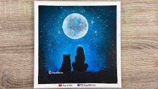 Girl and Dog Under Moonlight Acrylic Painting for Beginners | Joy of Art #512