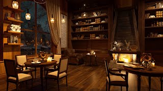 Cozy Winter Coffee Shop Bookstore Ambience with Relaxing Smooth Jazz Music and Snow Night on Window