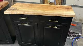 HVLP Spraying | General Finishes Enduro Black Poly | Custom Trash Bin Cabinets with Hard Maple Tops