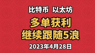 4月28日比特币、以太坊行情分析，昨日多单获利，5浪还未走完，上方仍有空间，继续跟随5浪