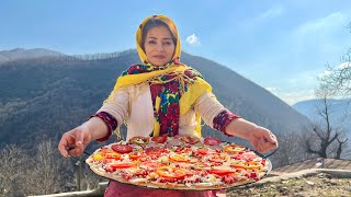 Big Homemade PIZZA Cooked on Campfire without Oven in Beautiful Village