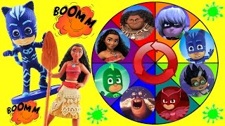 Moana & PJ Masks Spin the Wheel Game w Disney Princess Moana, Maui, Owlette & Catboy Dolls!