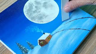 Easy Winter Snowfall Painting For Beginners / Full Moon Acrylic Painting - Step by Step