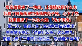 母亲笑眯眯地给我夹了一块肉：「安安，你猜这是什么肉？」我看了眼客厅角落里空荡荡的兔子笼，心下了然。我笑着撕了一只兔大腿：「兔子肉呀」第二天，餐桌上多了一盆汤色雪白泛着油花的鱼汤，爸爸喝着鱼汤，赞不绝口