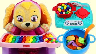 Feeding Paw Patrol Baby Skye Play Doh Veggie Soup & Learning Colors with Crayola Coloring Book!