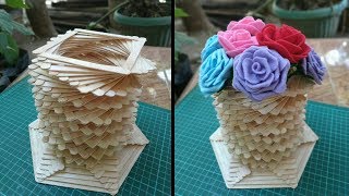 How To Make Flower Vase From Popsicle stick || Waste Ice Cream Stick Craft Ideas