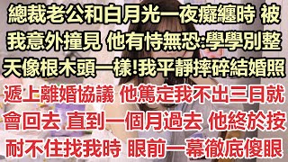 總裁老公和白月光一夜癡纏時，被我意外撞見，他有恃無恐:學學別整天像根木頭一樣!我平靜摔碎結婚照，遞上離婚協議，他篤定我不出三日就會回去，直到一個月過去，他終於按耐不住找我時，眼前一幕徹底傻眼#九點夜讀